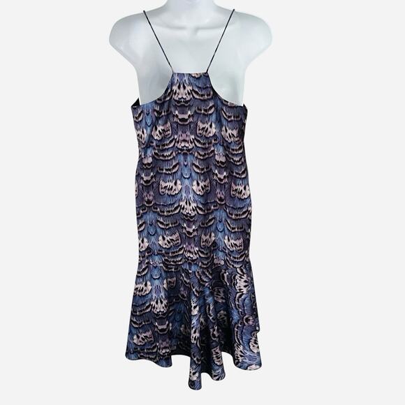 Tibi Slip Dress Women's Size 4 Ibis Drop Waist Rufle Purple Blue Feather Print - Picture 3 of 9